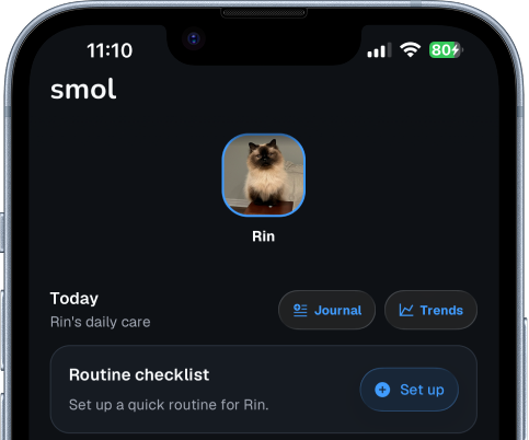smol app screens previewing pet care tracking and health history.